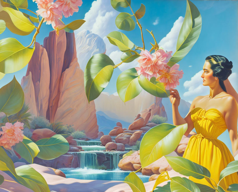 Stylized painting of woman in yellow dress with pink flowers and waterfall landscape