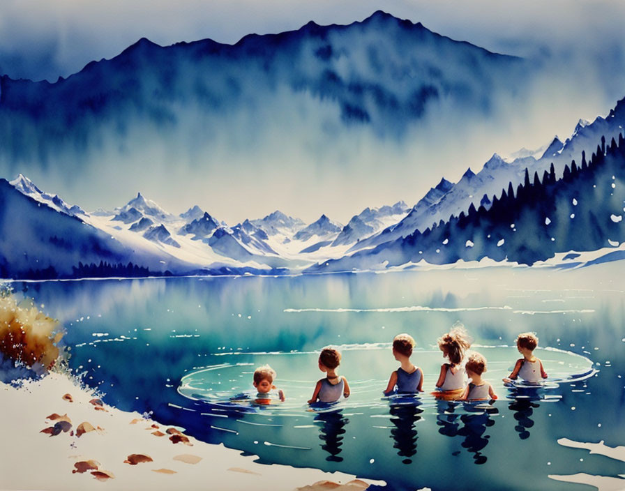 Children sitting in mountain lake with snowy peaks and forest background