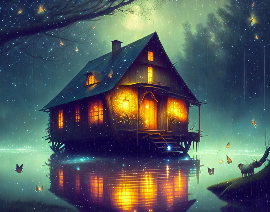 Cozy lakeside house illuminated at twilight with rain and floating leaves