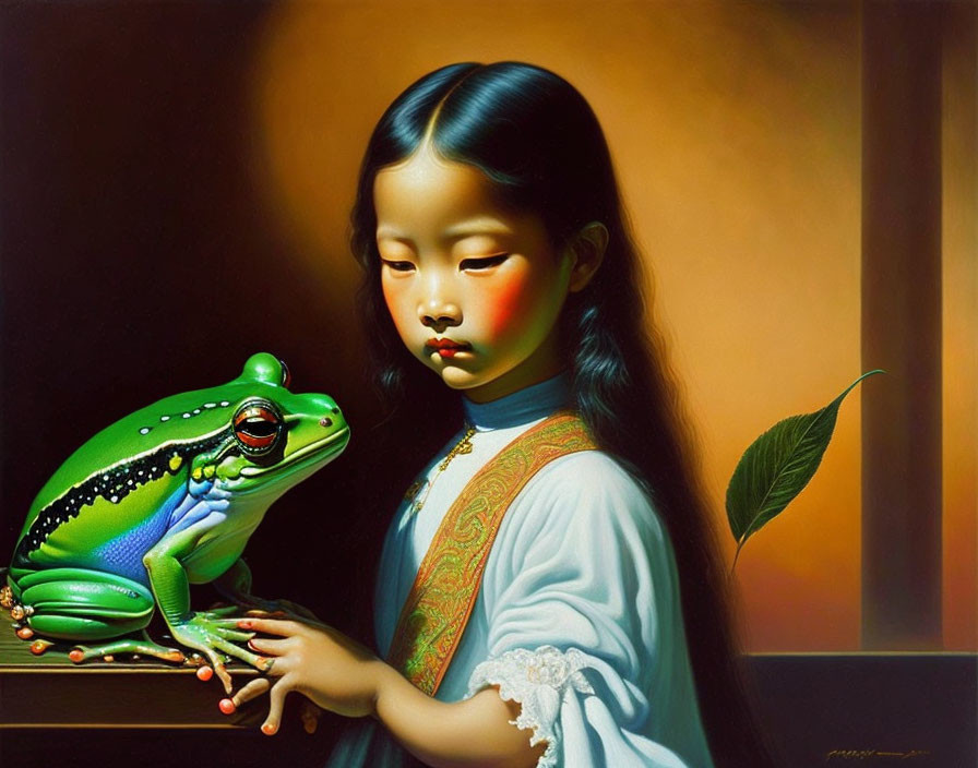 Realistic painting of young girl with colorful frog in traditional attire