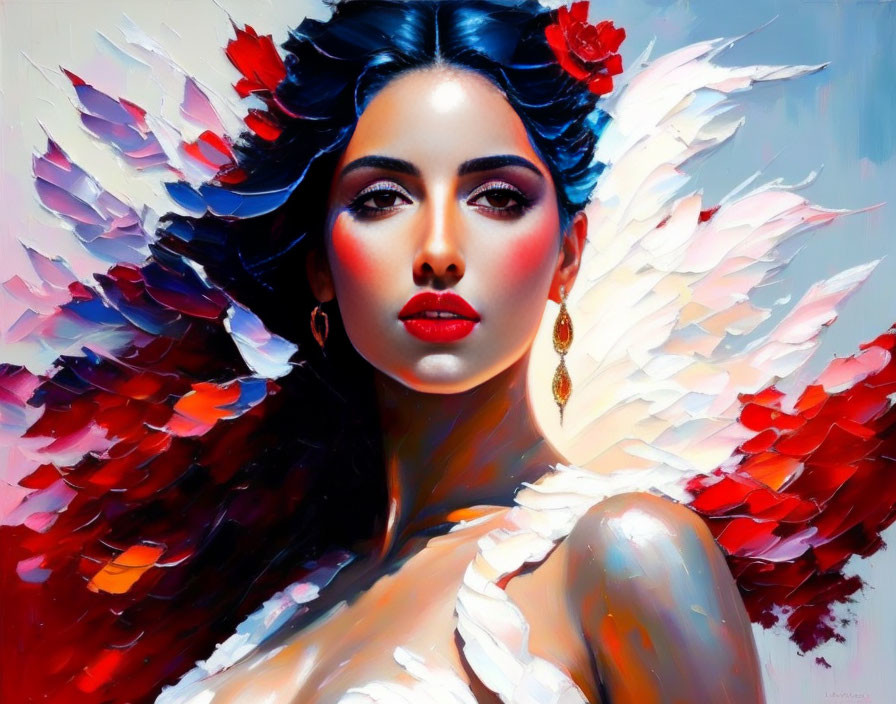Portrait of Woman with Dark Hair, Red Flowers, Red Lipstick, and Angelic Wings
