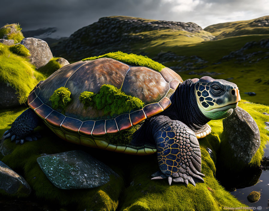 Realistic tortoise with moss-covered shell in lush landscape