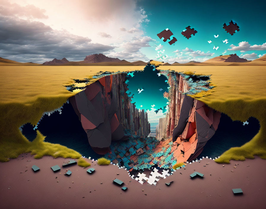 Surreal desert landscape with rocky chasm and floating puzzle pieces