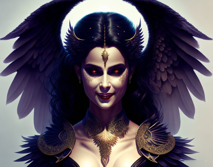 Dark angel wings woman with golden halo and jewelry in mysterious smile.