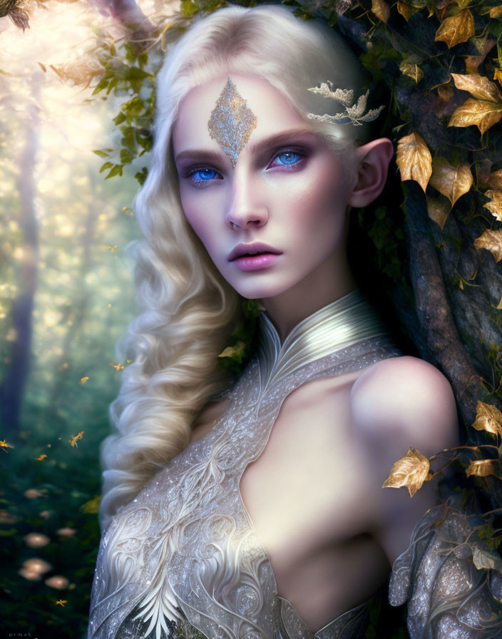 Portrait of pale-skinned figure with blue eyes, blond hair, golden leaf headpiece, in elegant