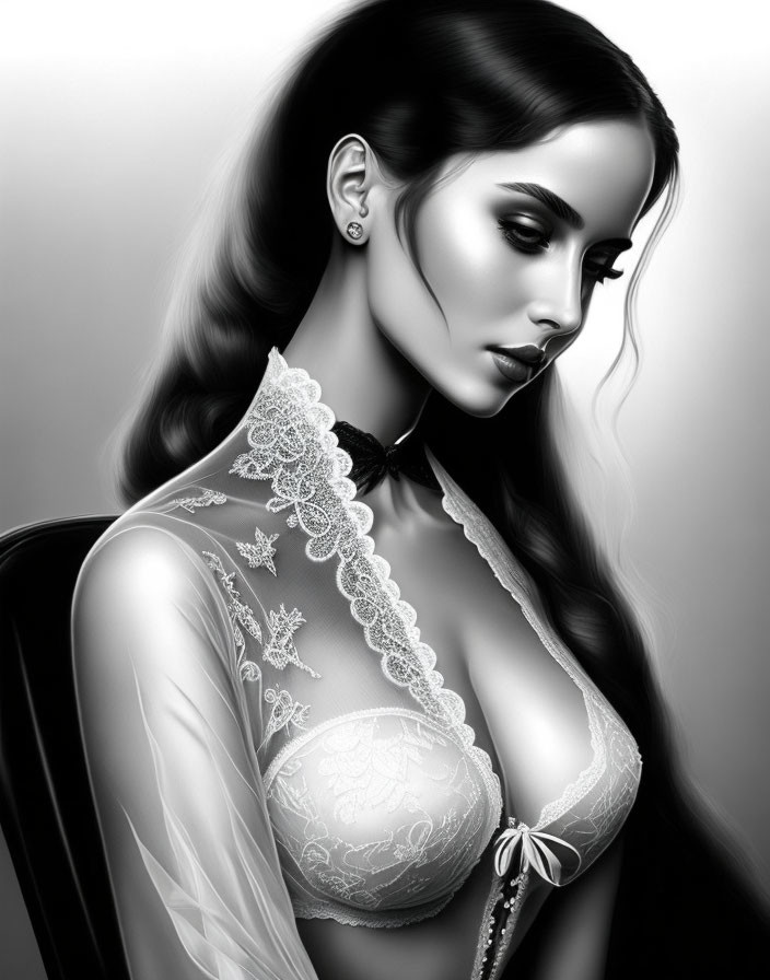 Monochrome artistic illustration of a woman in lace attire with long hair