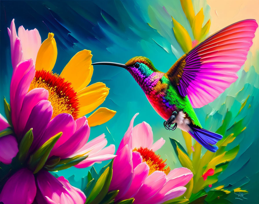 Colorful hummingbird painting with spread wings and flowers on teal background