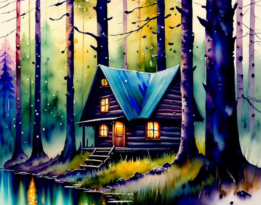 Serene watercolor: cozy cabin in mystical forest by tranquil lake