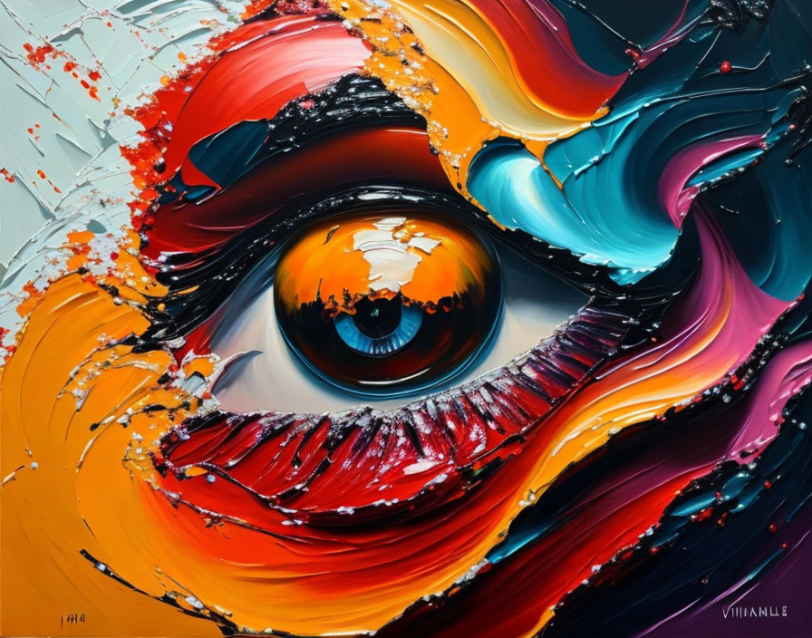 Colorful Abstract Eye Painting with Swirling Strokes and Splatters