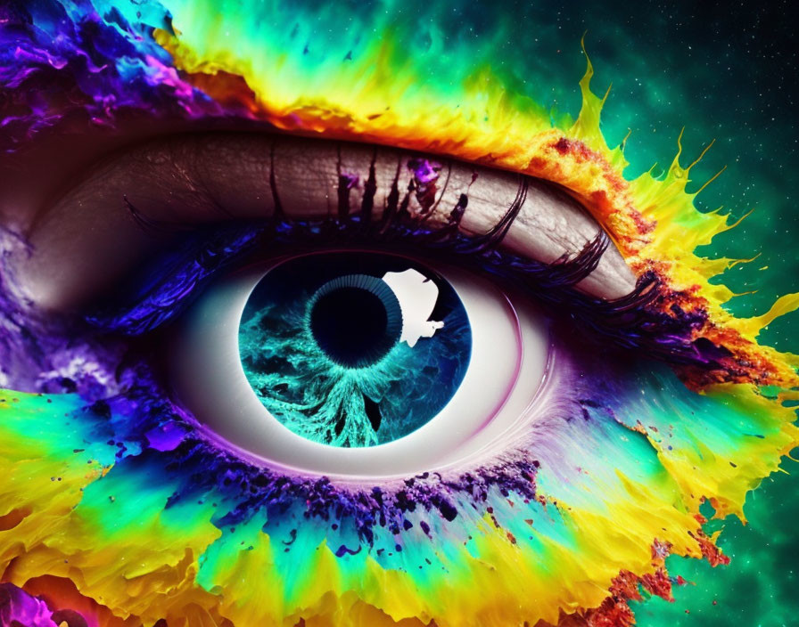 Eye close-up with cosmic background and vibrant splash effects.