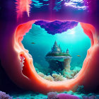 Underwater scene with fairy-tale castle and heart-shaped cave opening