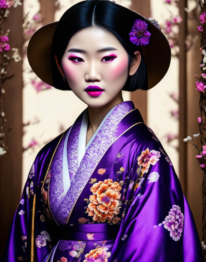 Woman in Purple Kimono with Floral Patterns and Black Hat against Cherry Blossom Backdrop