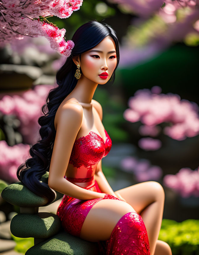 Stylish woman in red dress with cherry blossoms scenery
