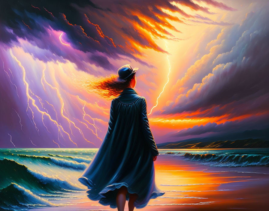 Cloaked figure on beach gazes at dramatic sunset with lightning and purple clouds.