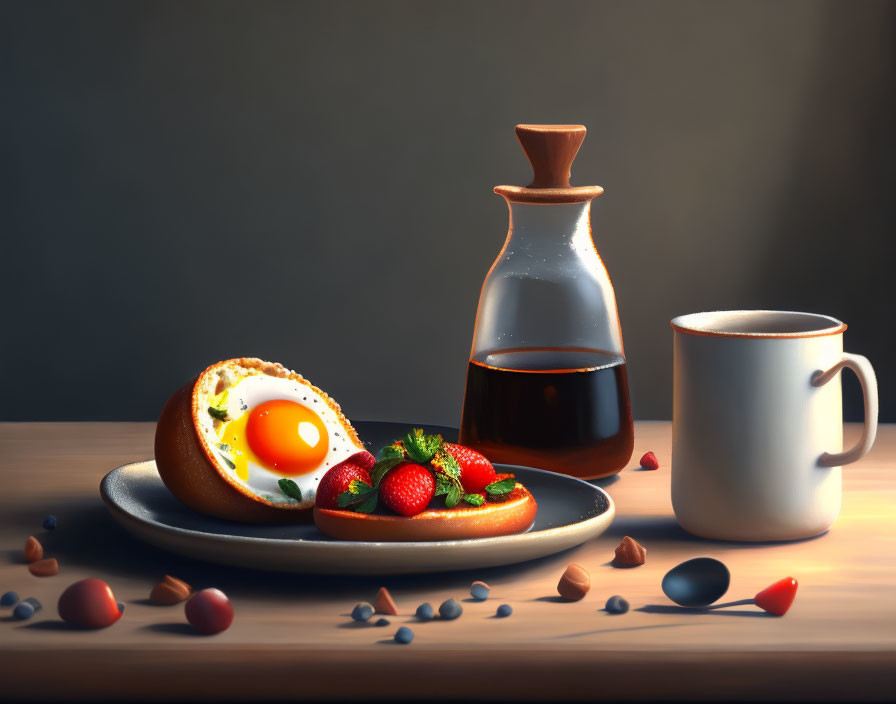 Breakfast still life with sunny-side-up egg, strawberries, beverage, and candies.