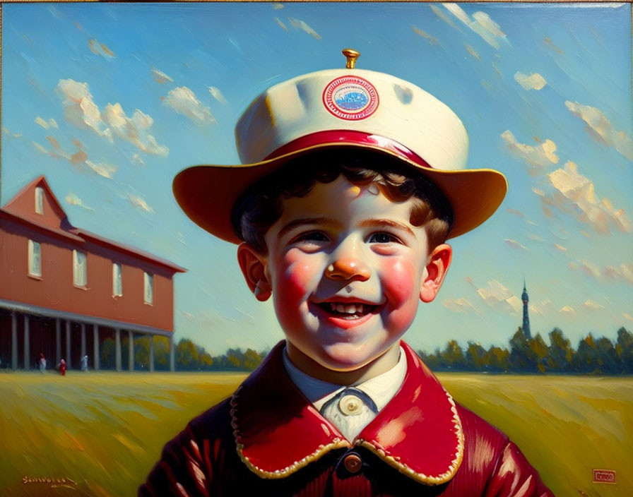 Smiling young boy in red uniform and white hat against blue sky and building.