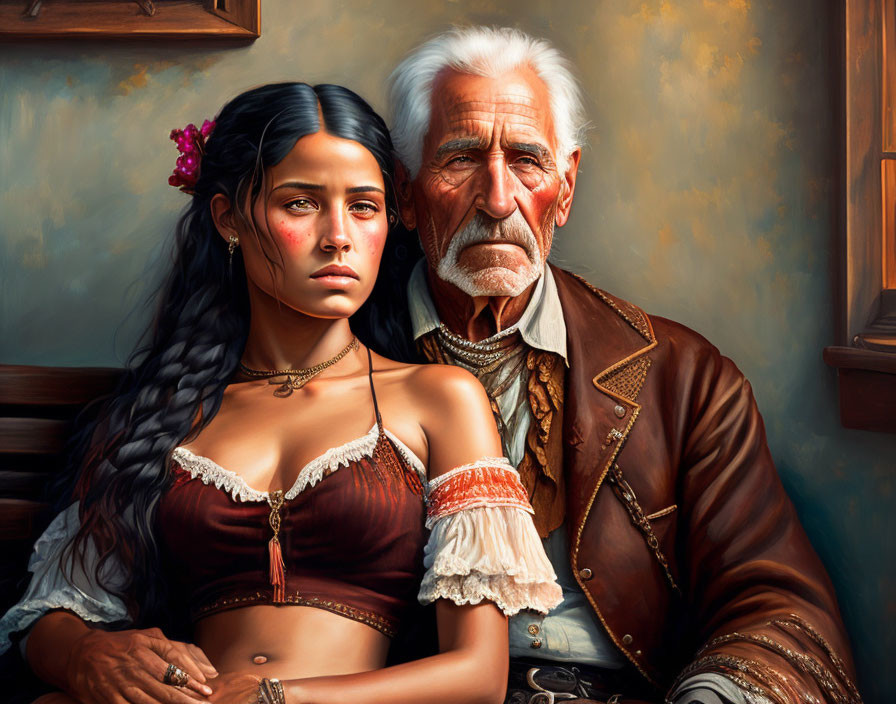 Portrait of Young Woman and Elderly Man in Vintage Attire with Flower Detail