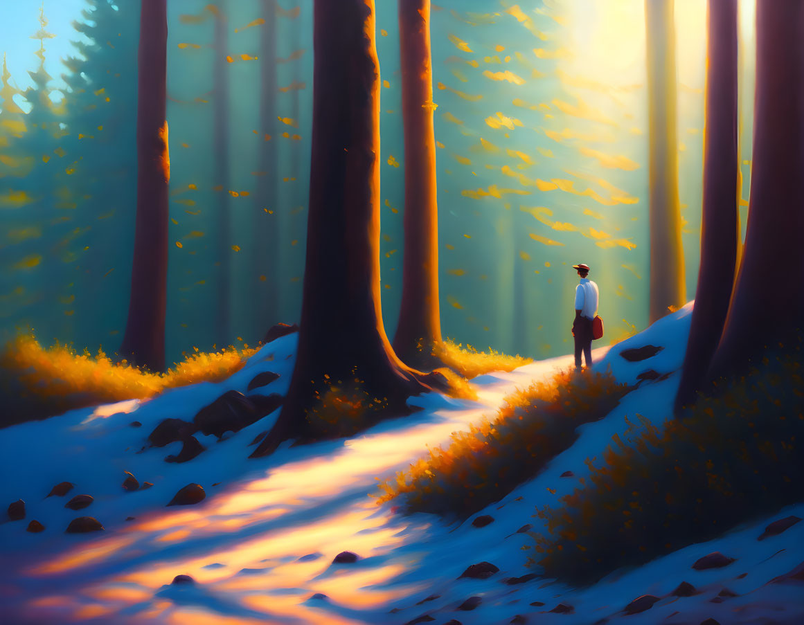 Solitary figure in snowy forest under golden sunlight
