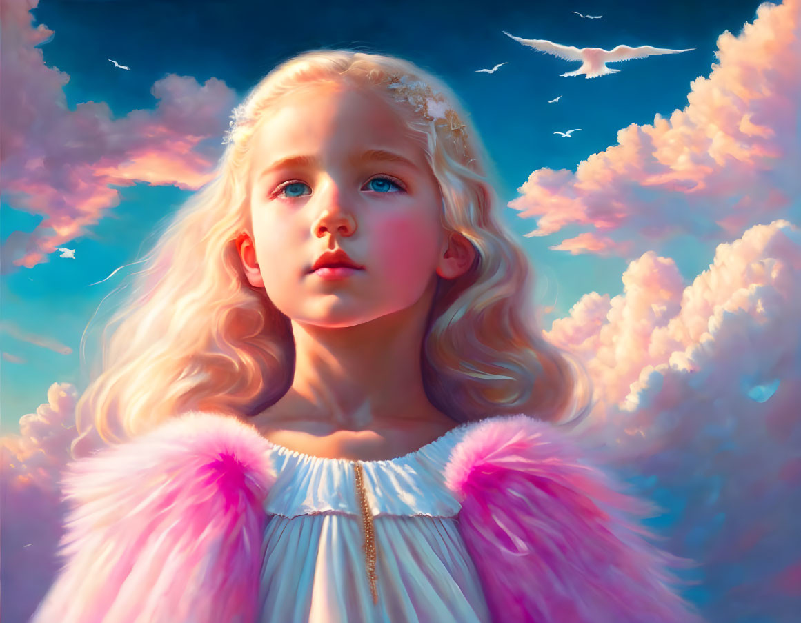 Young girl in white and pink dress gazes at dreamy pink clouds and blue sky