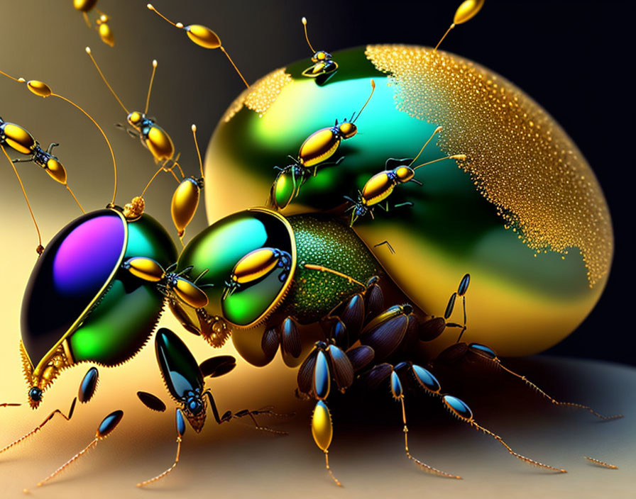 Vibrant metallic ants on spherical surface with abstract backdrop
