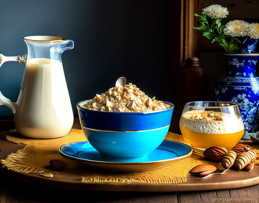 Breakfast spread with cereal, milk, juice, almonds, and honey on blue plate.