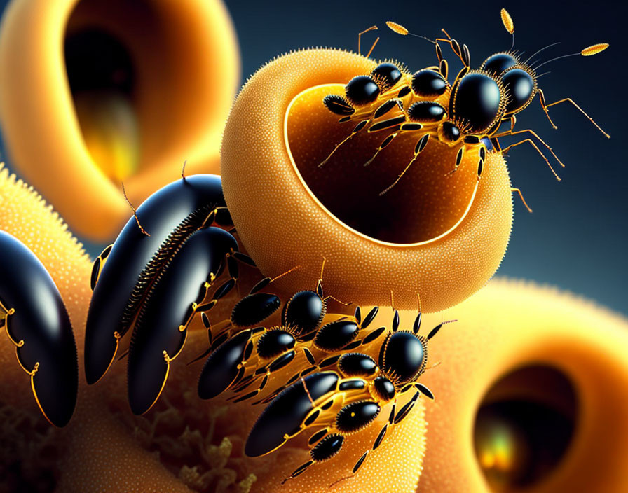 Abstract surreal illustration: shiny black and gold ants on textured yellow-orange surface