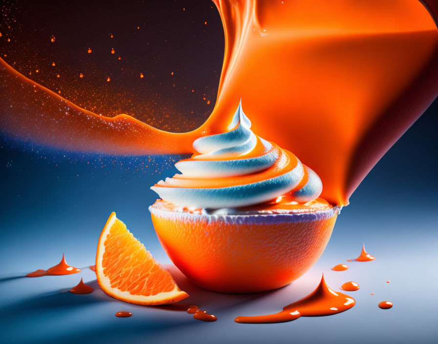 Colorful swirl on orange half with splashing liquid background