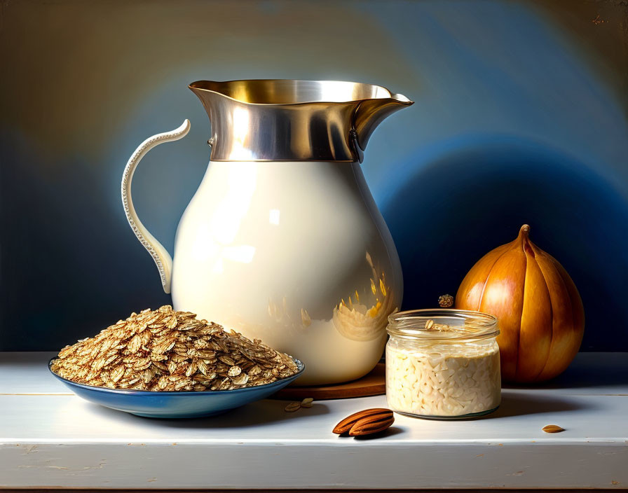 Creamy jug, blue plate, glass jar, almonds, pumpkin - still life painting details