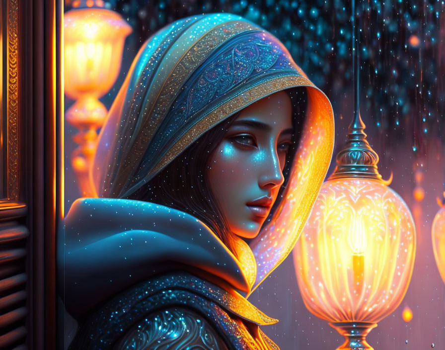 Vibrant digital artwork of woman in hooded cloak with lantern