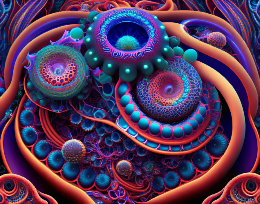 Vibrant fractal art: intricate spirals, spheres in blue, orange, purple