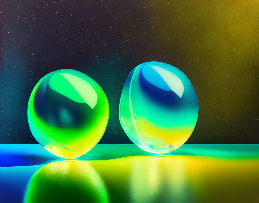 Colorful Glass Eggs Reflecting Light on Dark Background