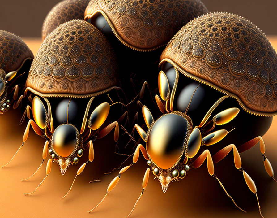 Three ornate metallic beetles with intricate patterns and gold-tinted limbs on brown background