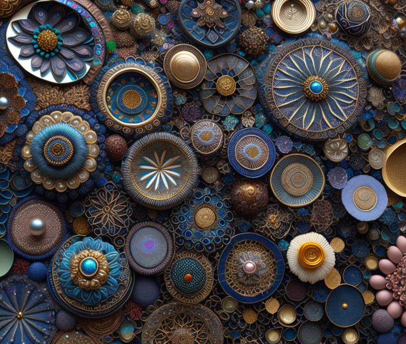 Intricate Circular Designs in Blues, Browns, and Golds