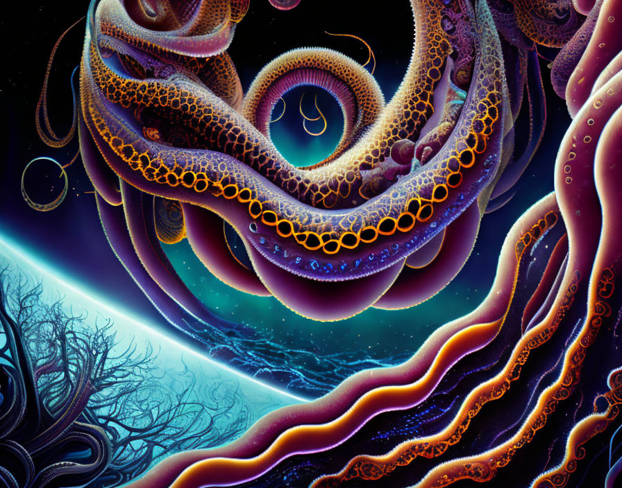 Colorful surreal artwork with swirling tentacle-like forms in purple, orange, and blue, against a