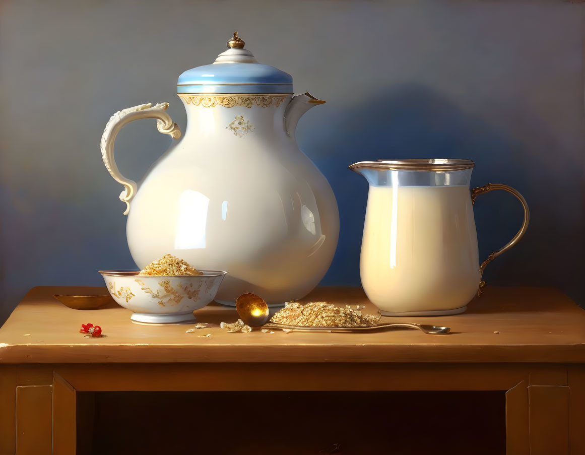 Still life with ceramic teapot, glass pitcher, bowl, spoon, and grains on wooden table