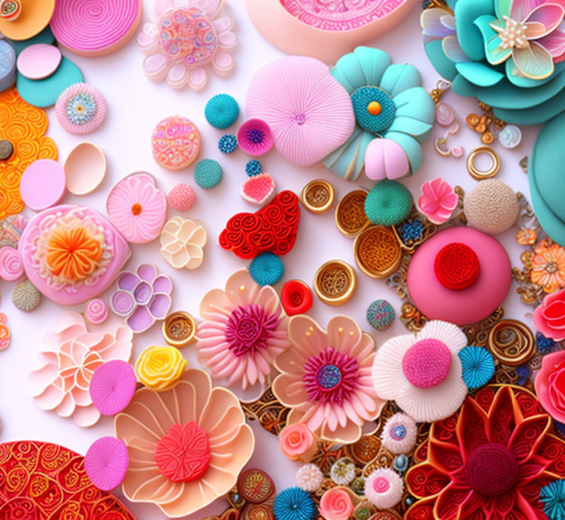 Vibrant textured objects and artificial flowers in pink, red, blue, and orange hues