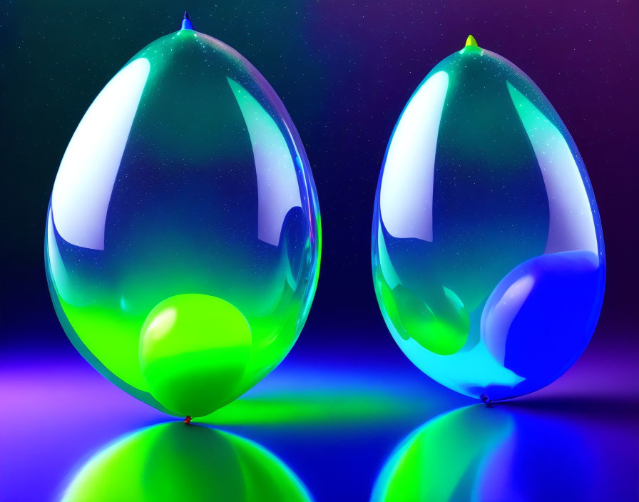 Translucent Neon Green and Blue Eggs on Polished Surface
