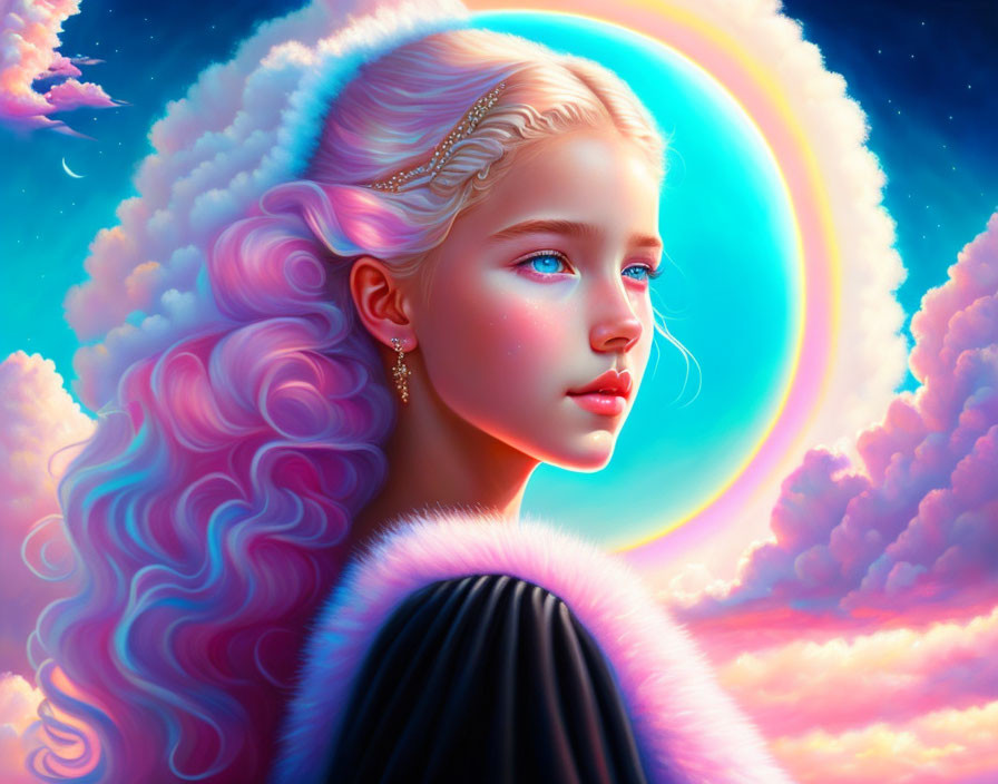 Platinum blonde woman portrait in dreamlike sky
