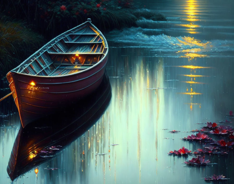 Tranquil scene: Rowboat with lights on calm lake under moonlight.
