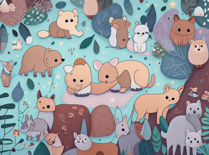 Collection of Cute Cartoon Animals with Colorful Plants