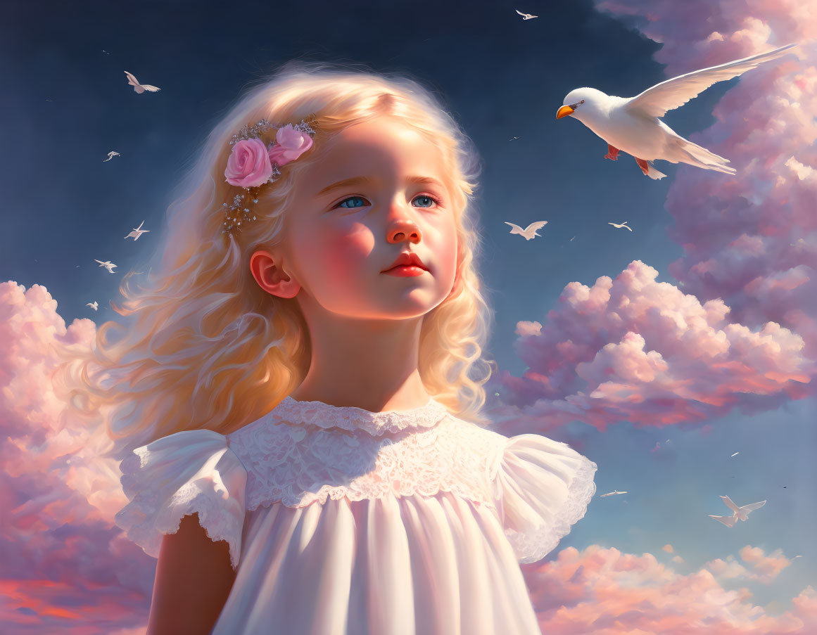 Blond Girl with Flowers in Hair Under Dreamy Sky