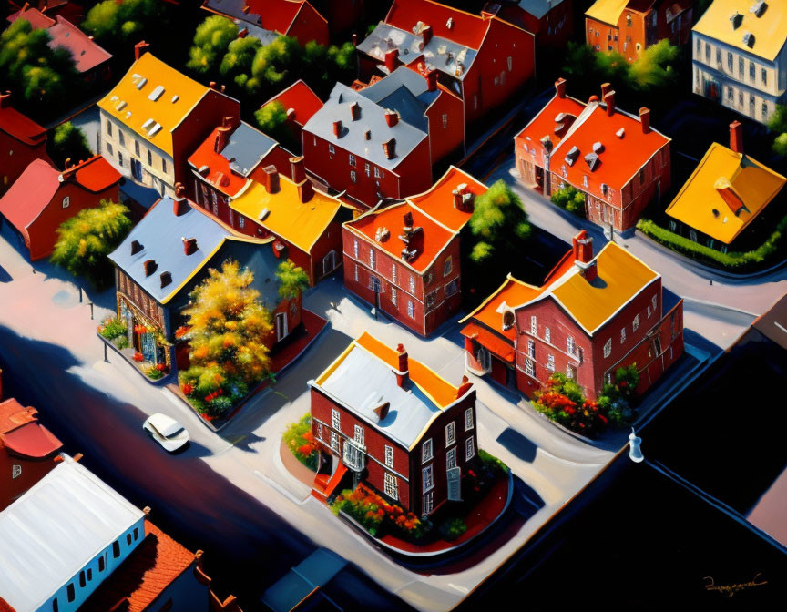 Colorful Urban Scene with Red-Brick Buildings and Streets