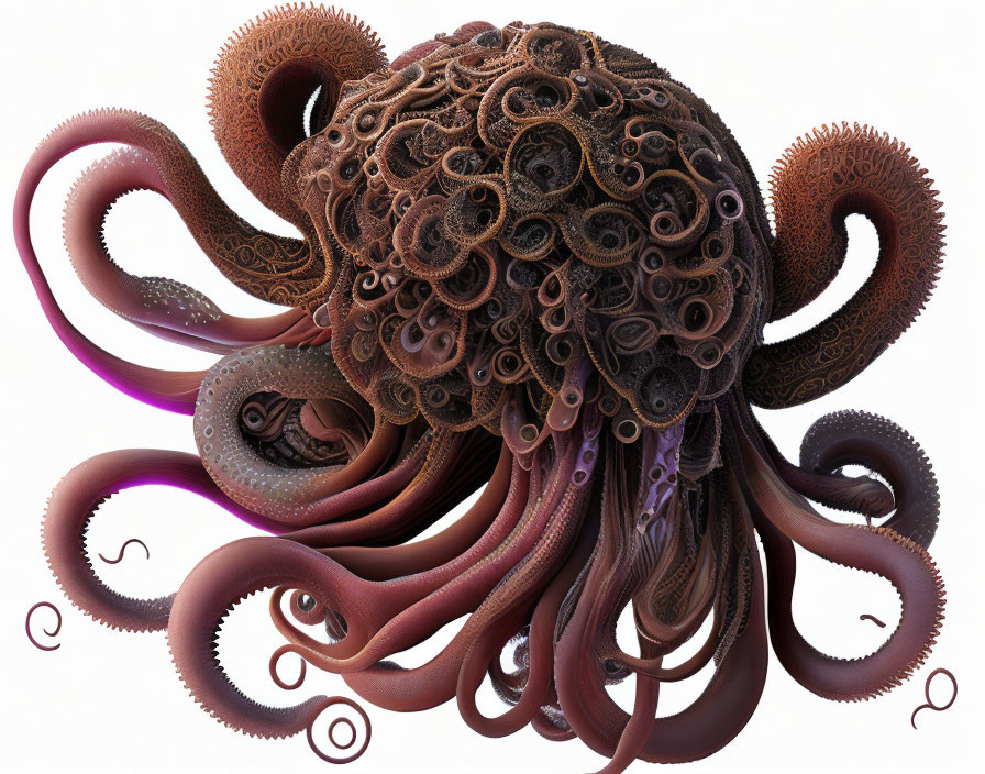 Detailed Octopus Illustration with Gear-like Textures in Brown and Purple