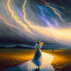 Woman in Blue Dress Walking Towards Figure in Dramatic Sky