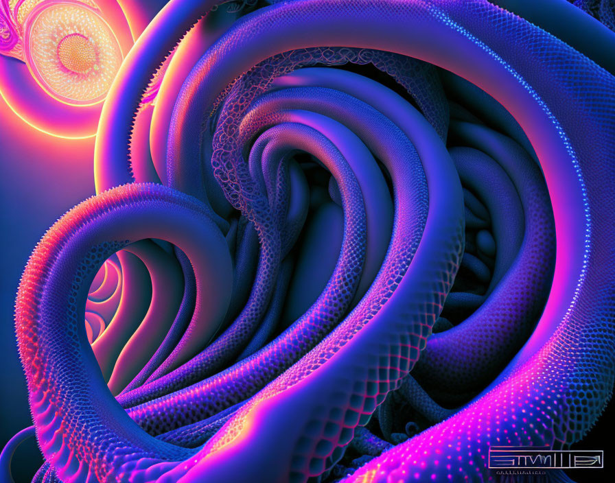 Colorful digital fractal art with blue and purple swirls and a red orb in the corner