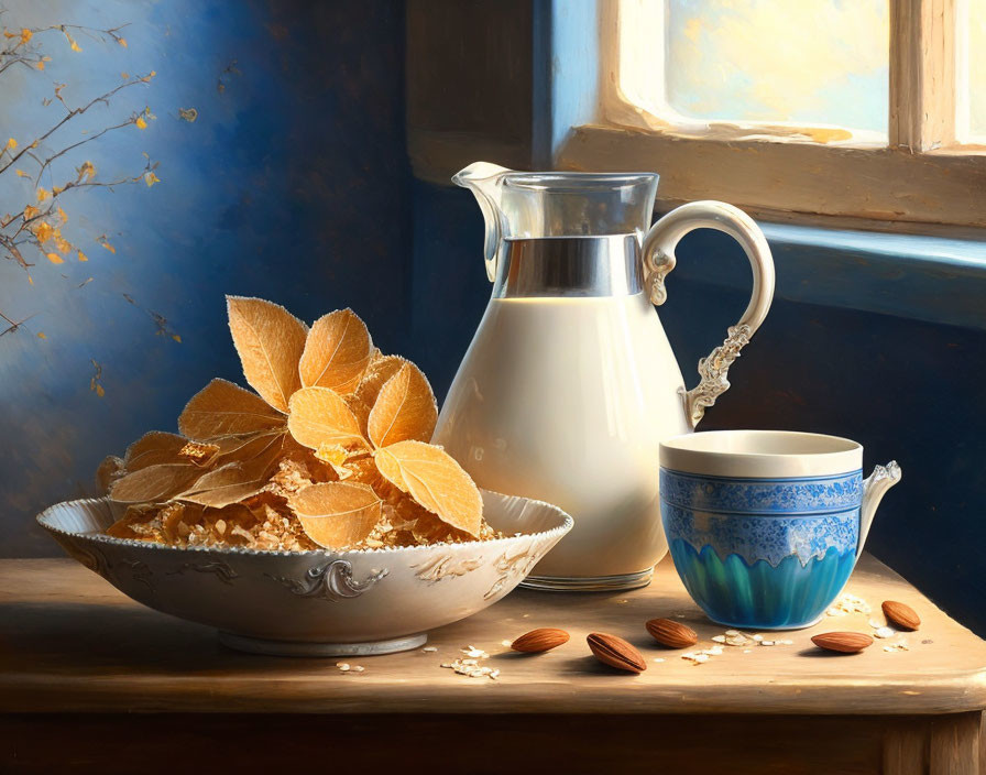 Morning breakfast scene with cereal, milk pitcher, cup, almonds, and dried leaves.