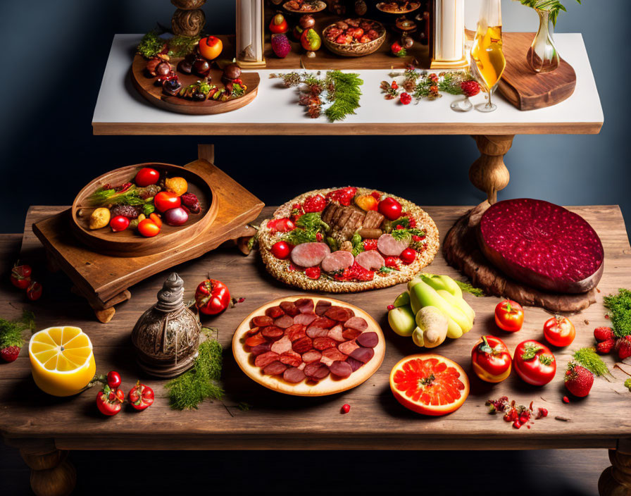 Tiered wooden stands with charcuterie, fruits, and drinks against dark backdrop.