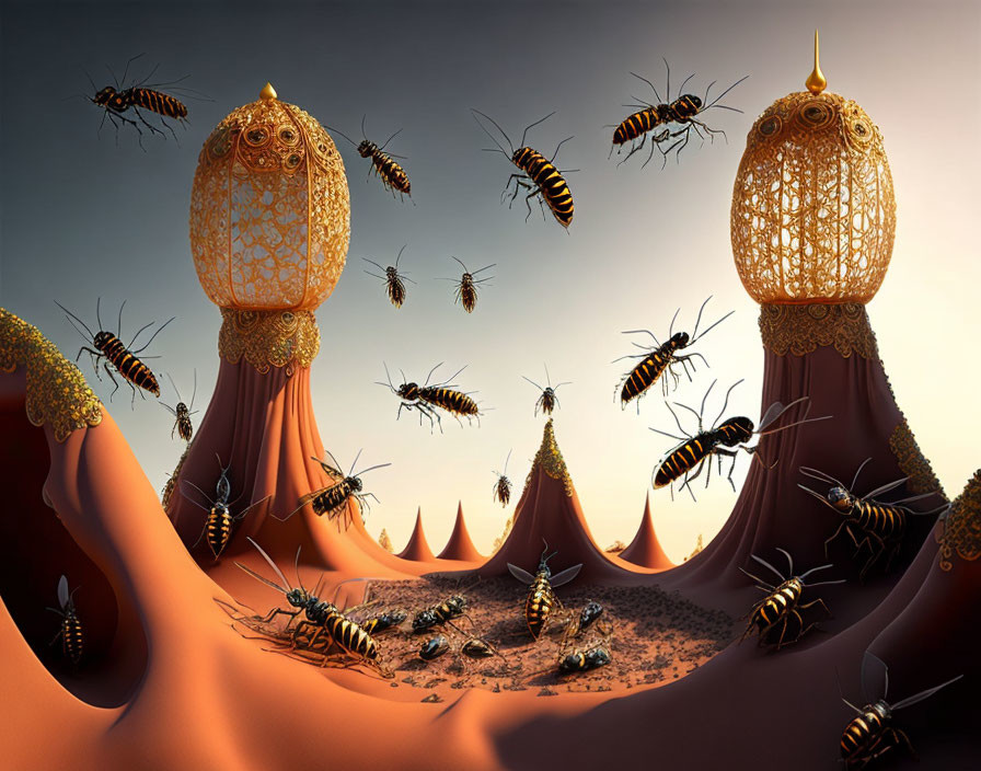 Surreal landscape with ornate towers, conical structures, oversized ants, and gradient sky
