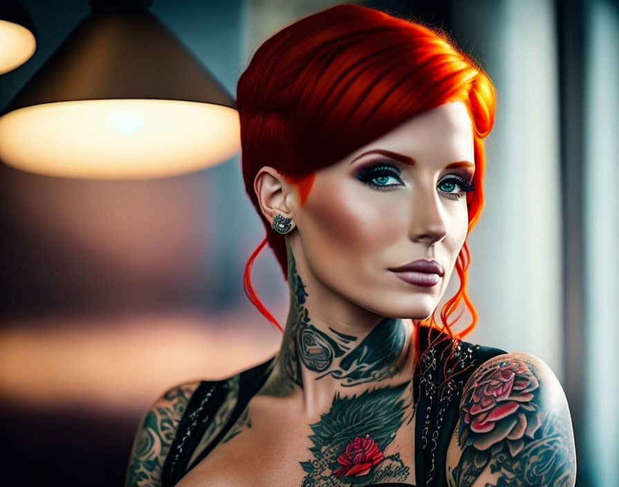 Red-haired woman with tattoos and bold makeup gazes away.