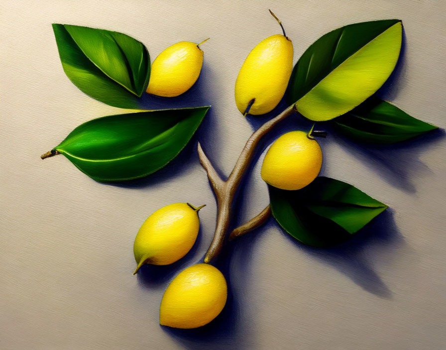 Fresh Lemons on Branch with Green Leaves Against Cream Background